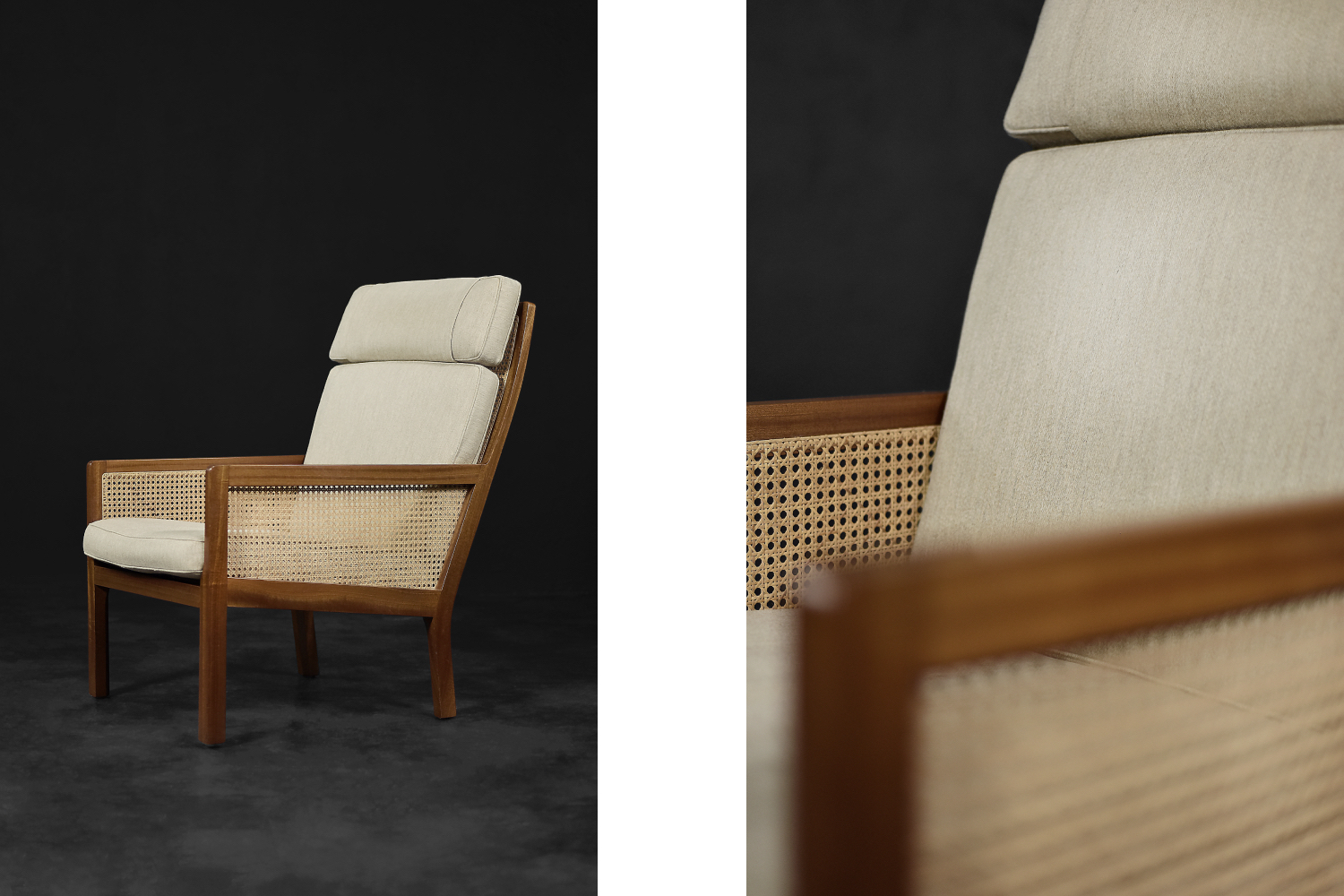 Wysoki fotel z francuską wikliną, mahoń, proj. Bernt Petersen , Wørts Møbelsnedkeri, Dania, lata 60