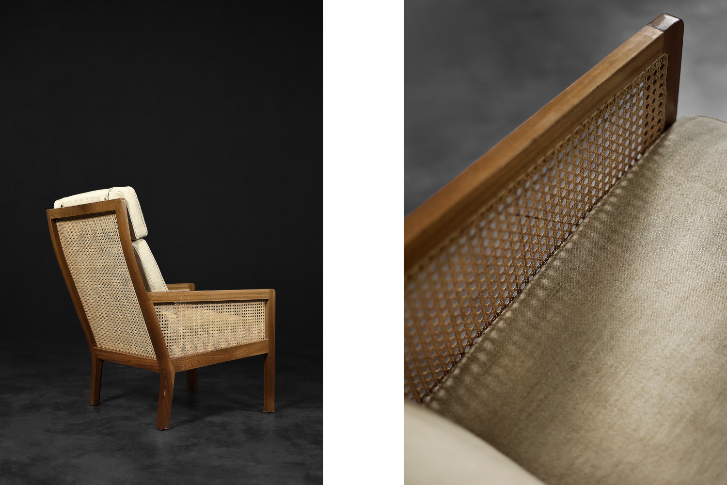 Wysoki fotel z francuską wikliną, mahoń, proj. Bernt Petersen , Wørts Møbelsnedkeri, Dania, lata 60