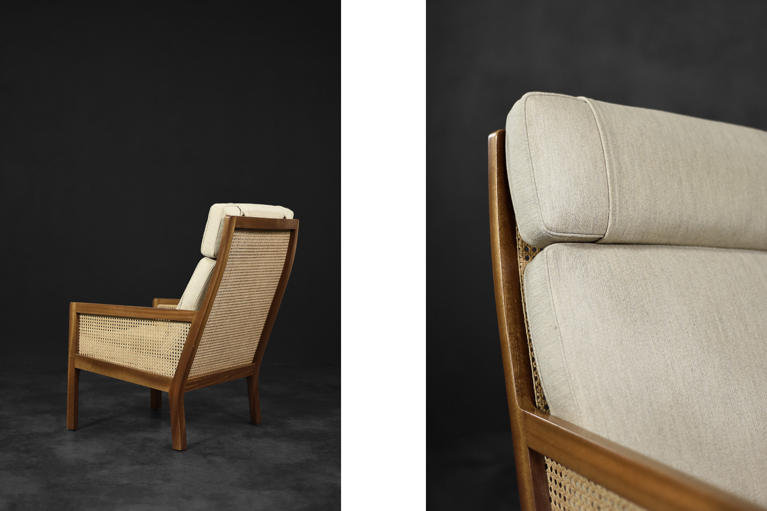 Wysoki fotel z francuską wikliną, mahoń, proj. Bernt Petersen , Wørts Møbelsnedkeri, Dania, lata 60