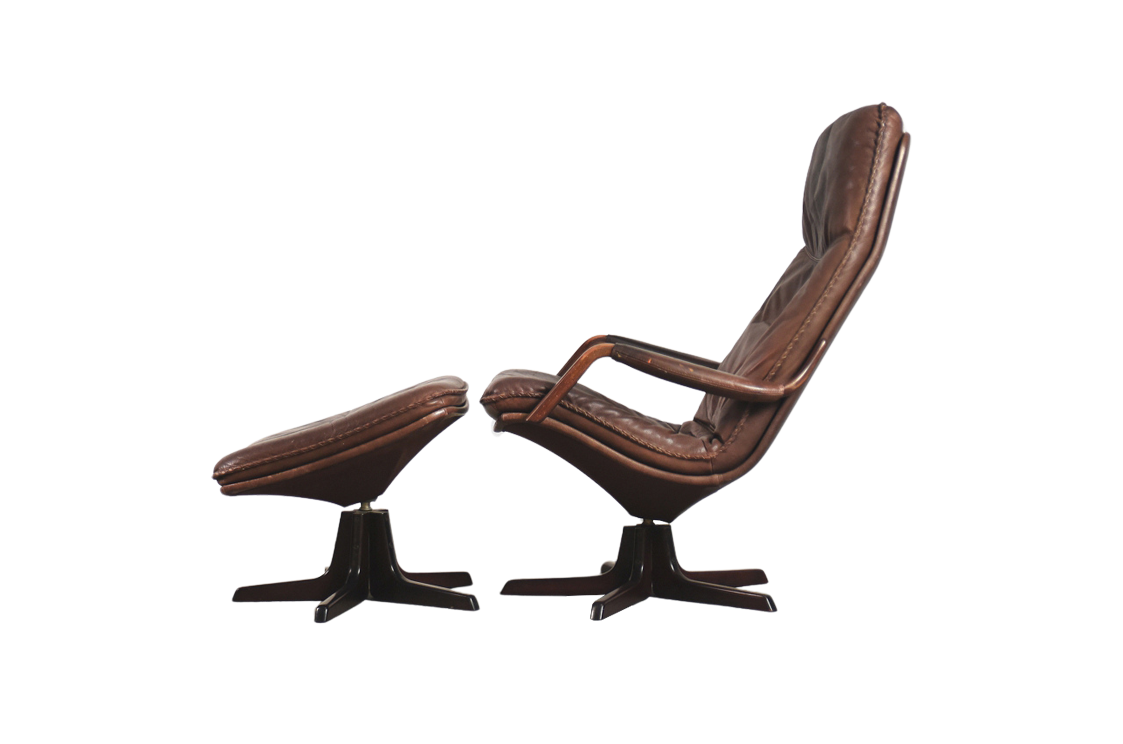 Skórzany fotel z podnóżkiem Berg, Dania, lata 70