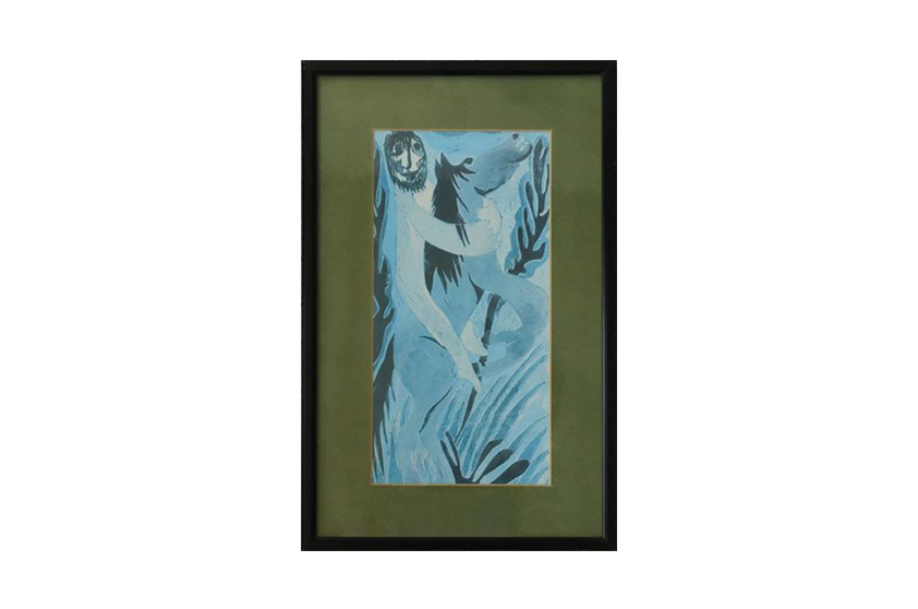 Vintage colour lithograph in the naïve art tradition