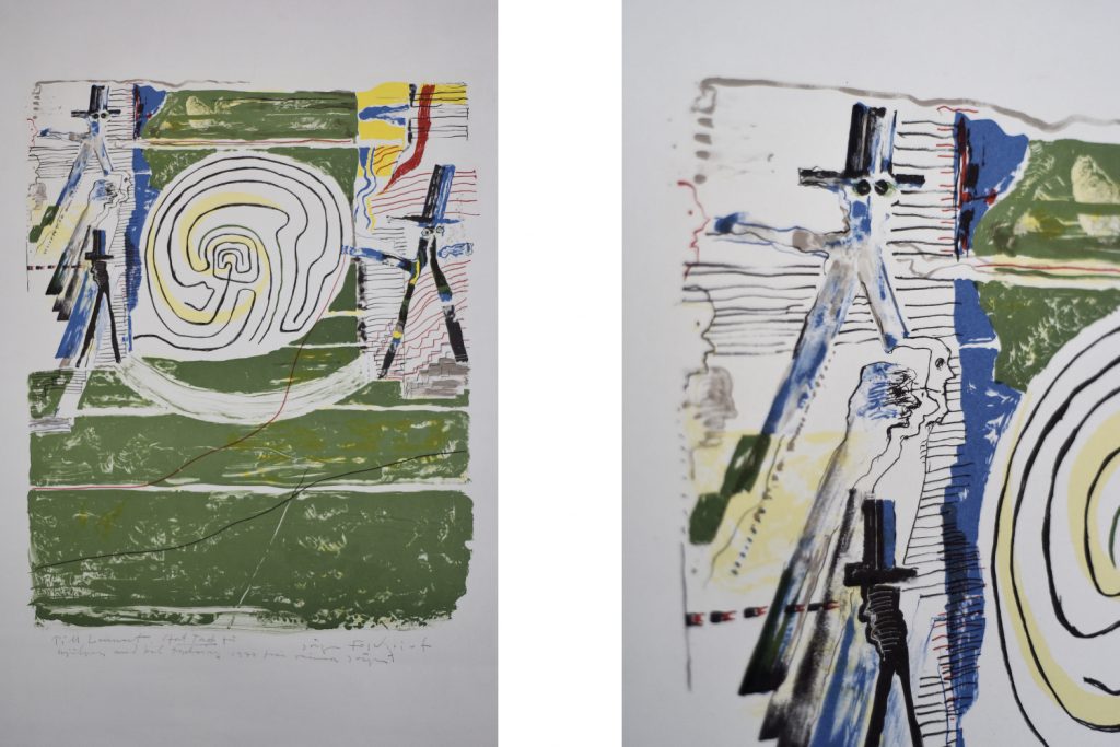 Colour lithograph, composition with figures, Jörgen Fogelqvist, 1977
