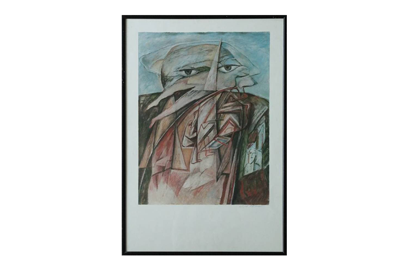 Kolorowa litografia, Man with two heads, Cyr Frimout, lata 90