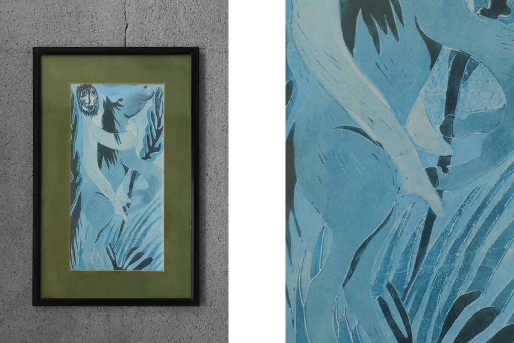 Vintage colour lithograph in the naïve art tradition