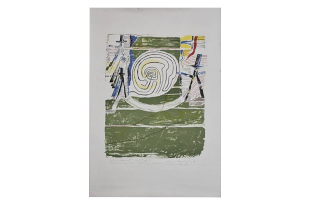 Colour lithograph, composition with figures, Jörgen Fogelqvist, 1977