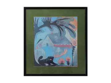 Vintage kolorowa litografia w stylu prymitywizmu