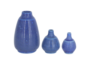 Komplet 3 niebieskich szkliwionych wazonów ceramicznych, proj. Gunnar Borg, Gunnars Keramik Höganäs, Szwecja, lata 60