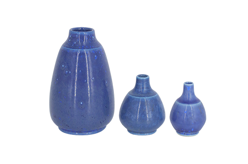 Komplet 3 niebieskich szkliwionych wazonów ceramicznych, proj. Gunnar Borg, Gunnars Keramik Höganäs, Szwecja, lata 60