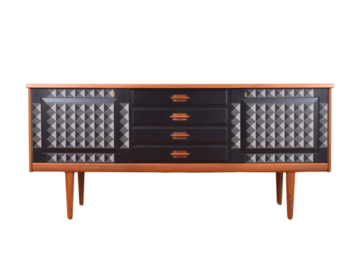 Sideboard tekowy proj. Gustav Bahus z malaturą w stylu op-art, Norwegia, lata 60