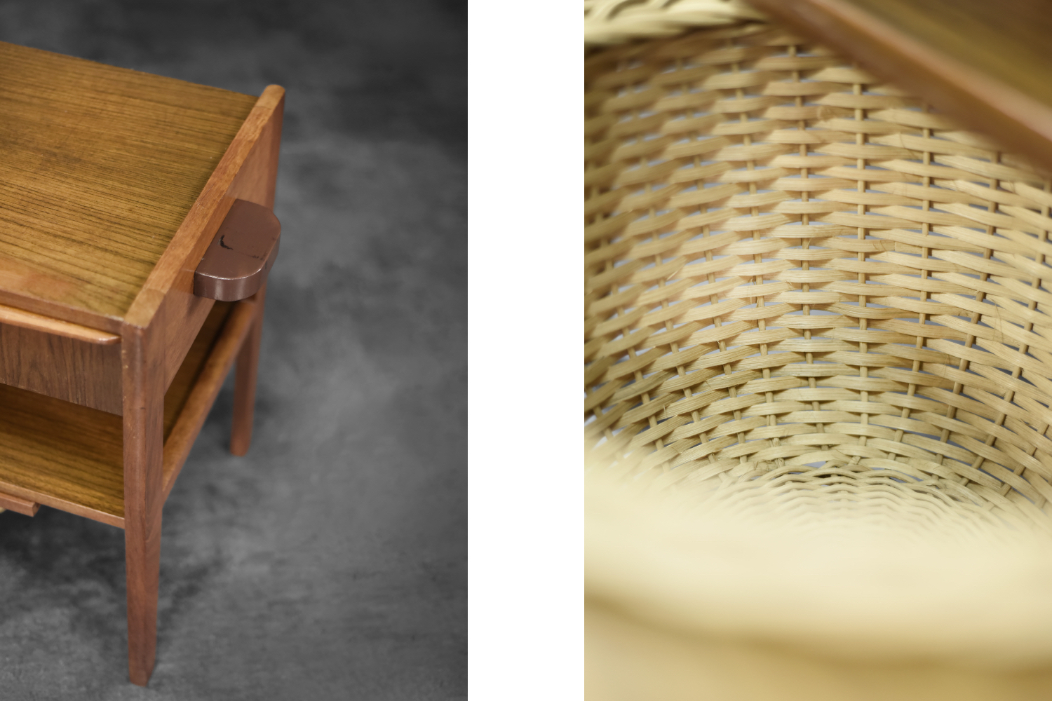 Teak table with drawer and woven basket, Denmark, 1960s