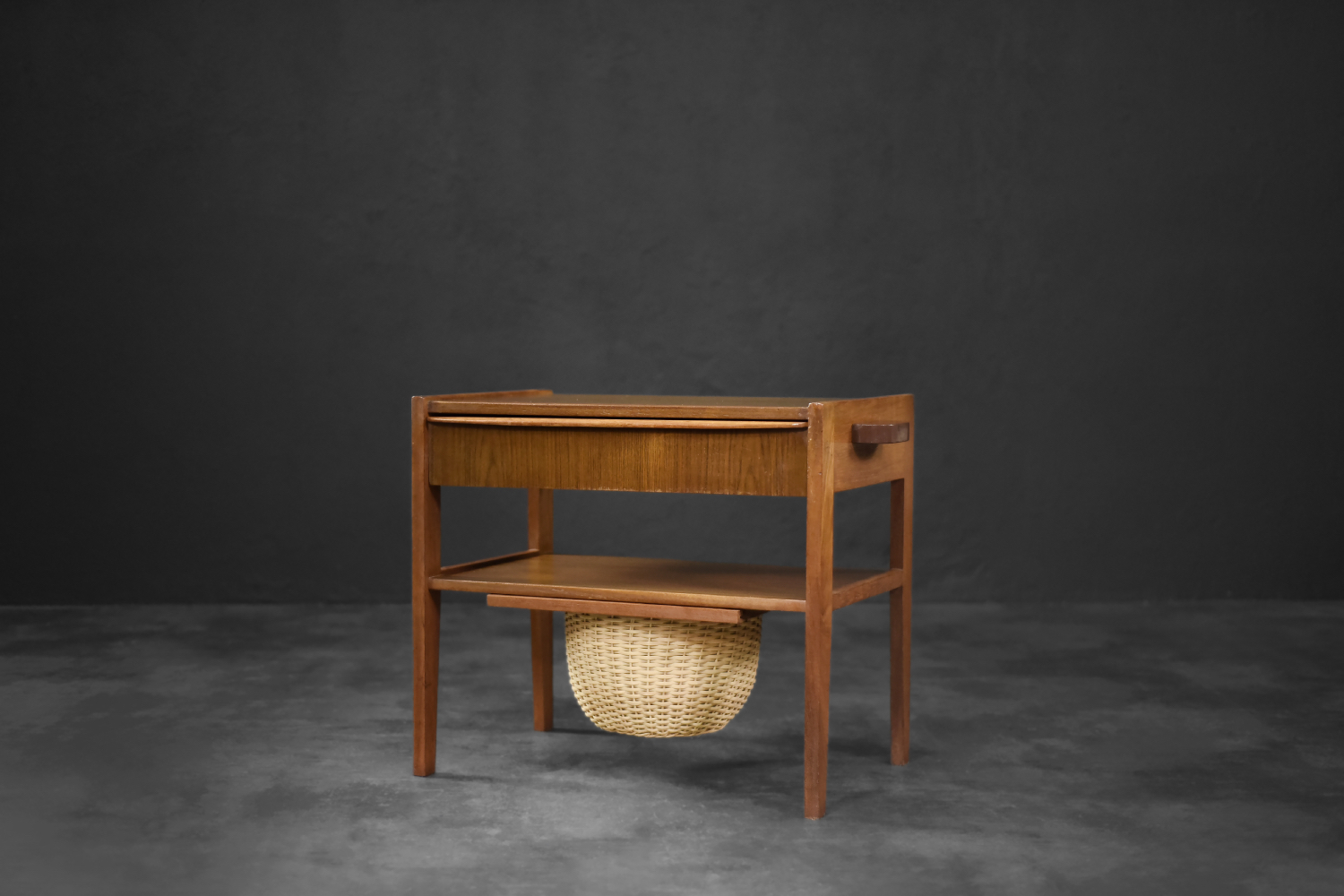 Teak table with drawer and woven basket, Denmark, 1960s