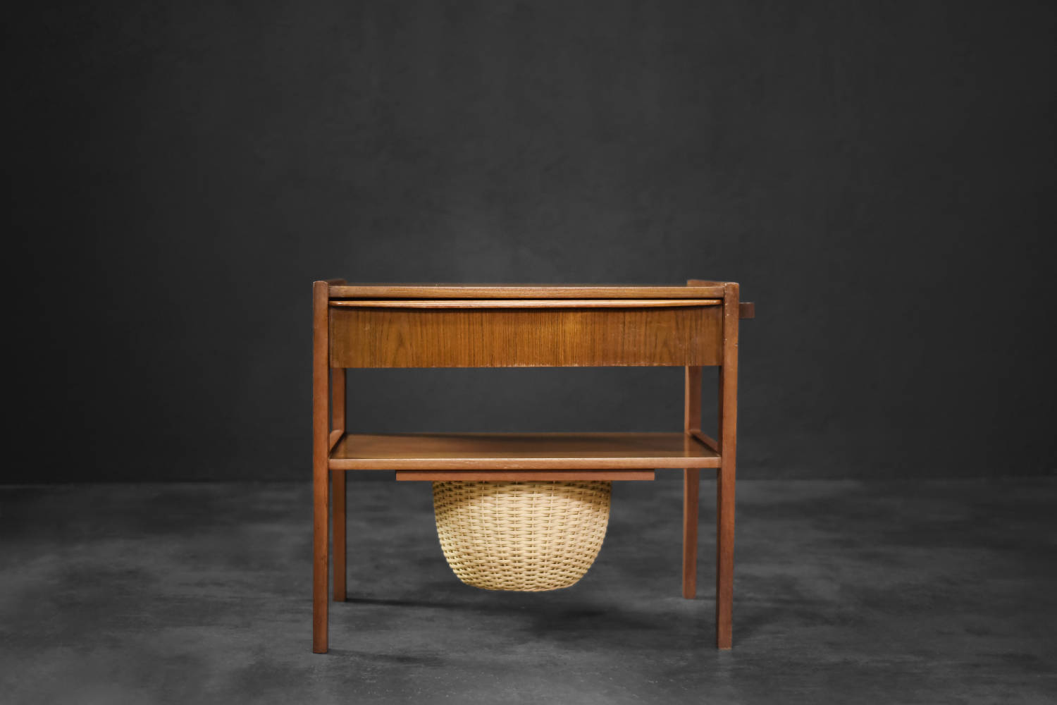 Teak table with drawer and woven basket, Denmark, 1960s