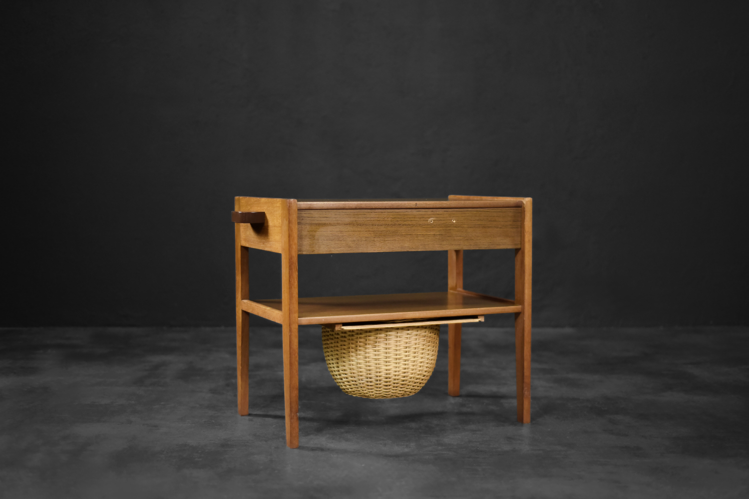 Teak table with drawer and woven basket, Denmark, 1960s