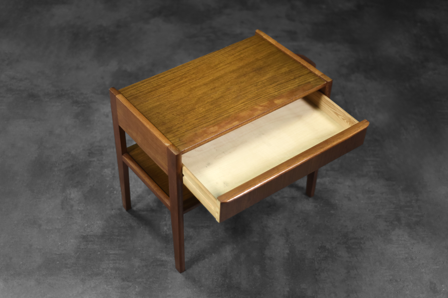Teak table with drawer and woven basket, Denmark, 1960s