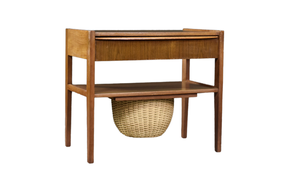 Teak table with drawer and woven basket, Denmark, 1960s
