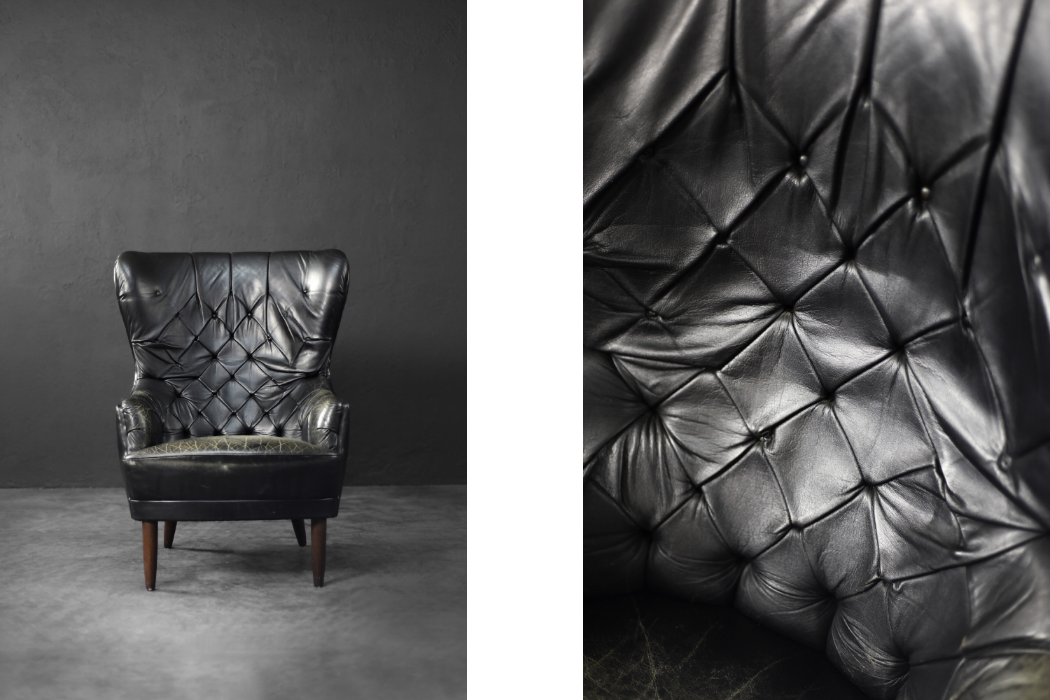 Quilted vintage leather Wing Chair, Denmark, 1960s