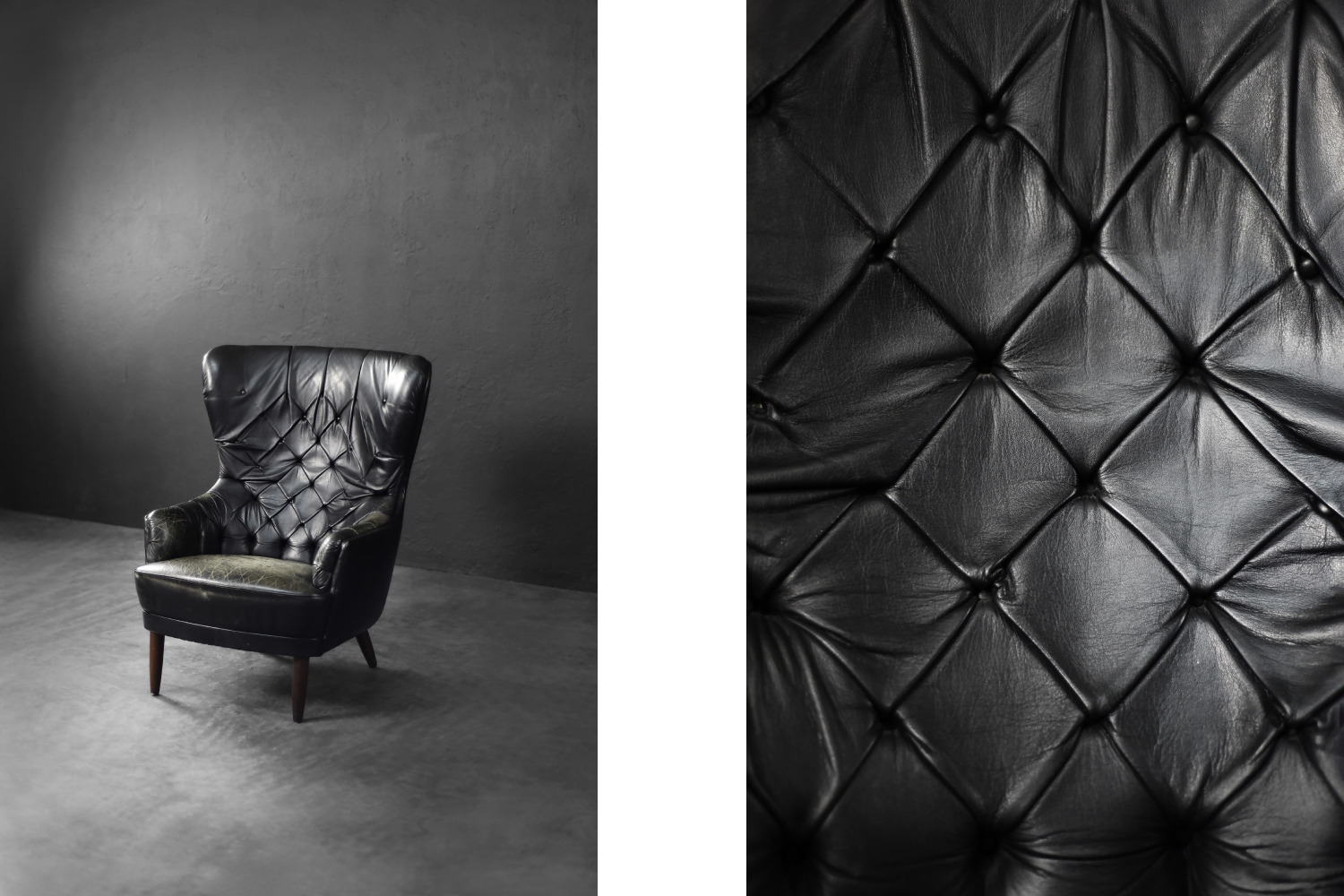 Quilted vintage leather Wing Chair, Denmark, 1960s