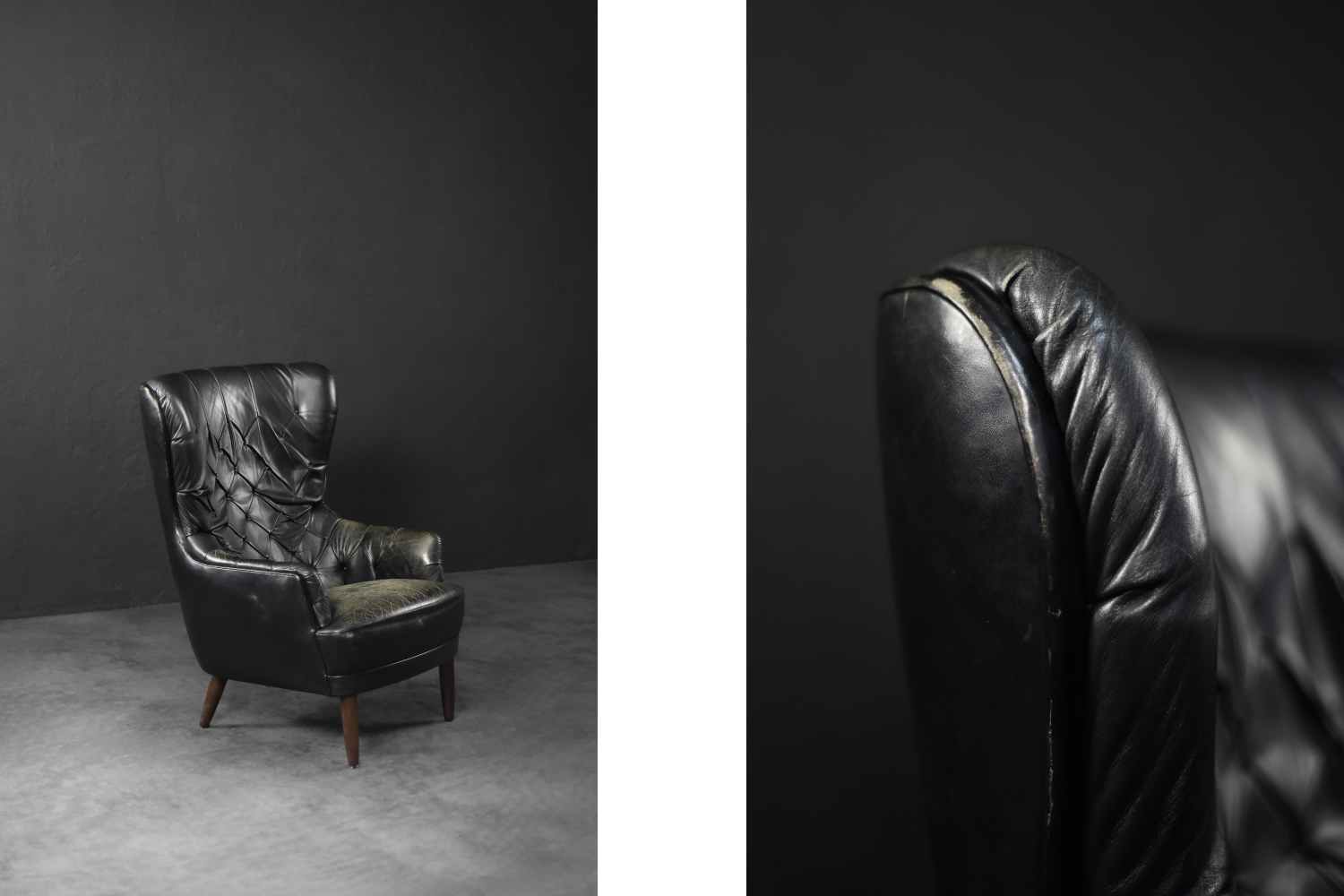 Quilted vintage leather Wing Chair, Denmark, 1960s