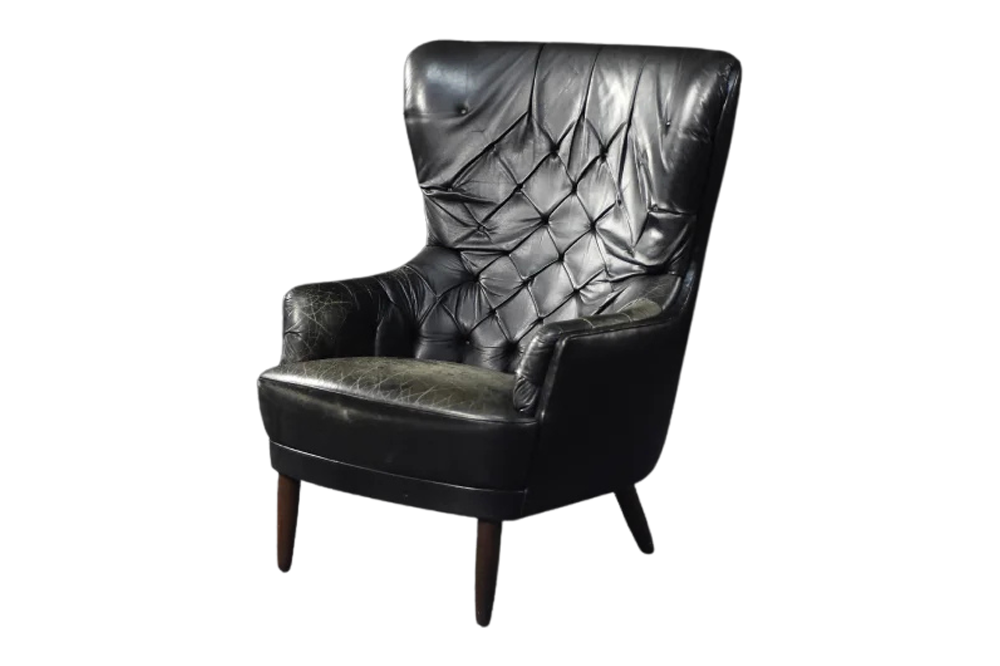 Quilted vintage leather Wing Chair, Denmark, 1960s