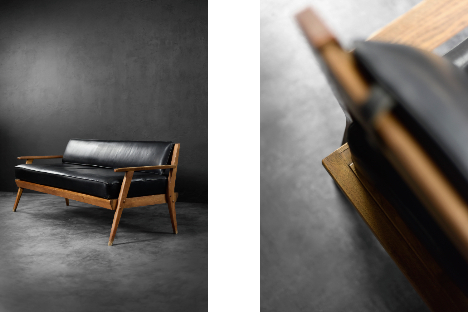 Modernistyczna sofa dębowa z czarną, skórzaną tapicerką, Niemcy, lata 60