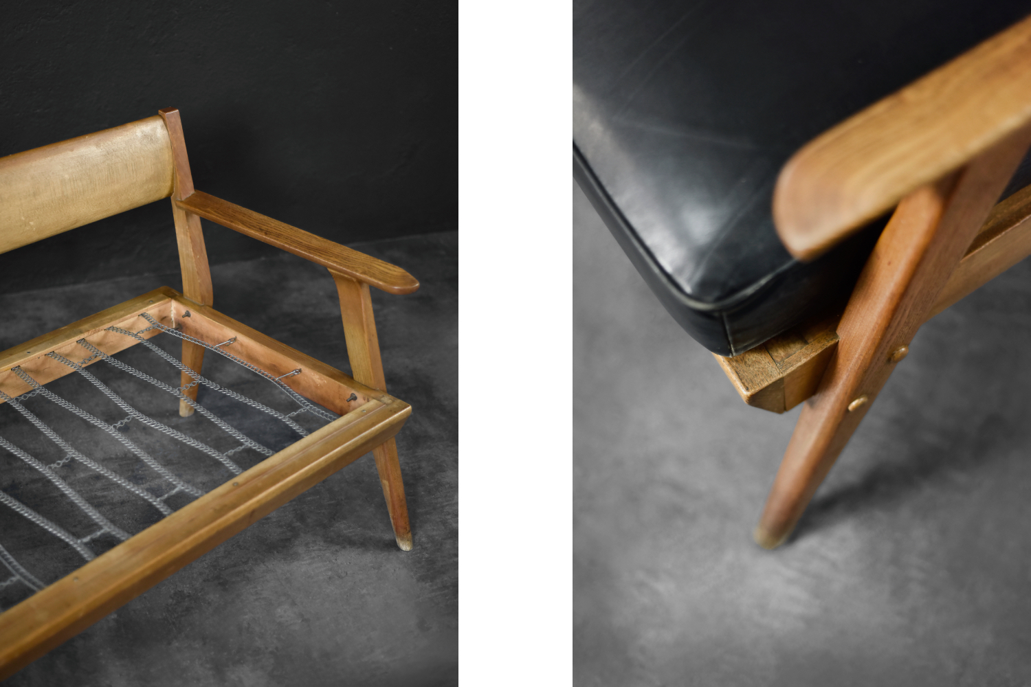 Modernistyczna sofa dębowa z czarną, skórzaną tapicerką, Niemcy, lata 60