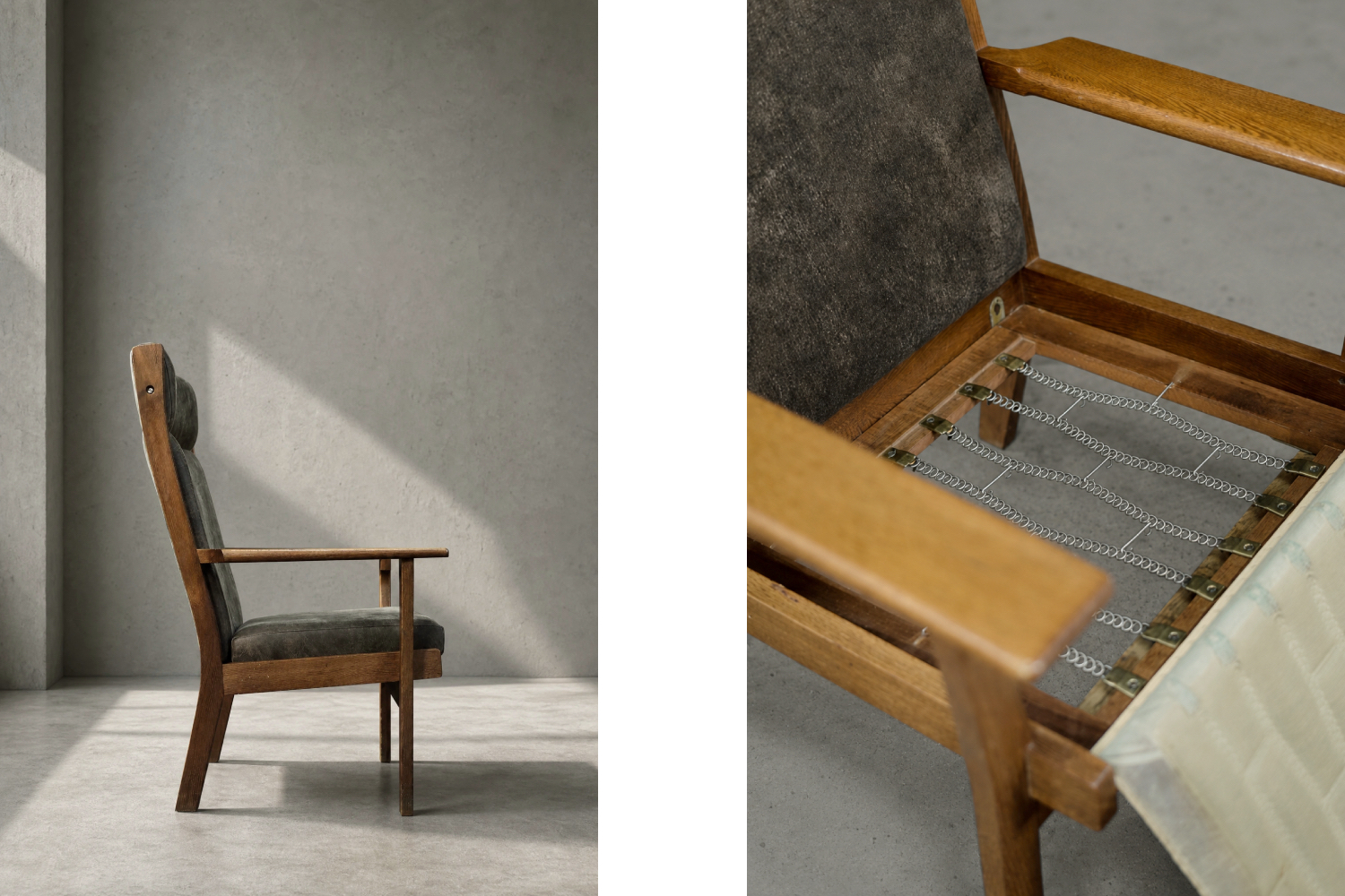 Dębowy fotel vintage GE 181 A, proj. Hans J. Wegner, Getama, Dania, lata 50