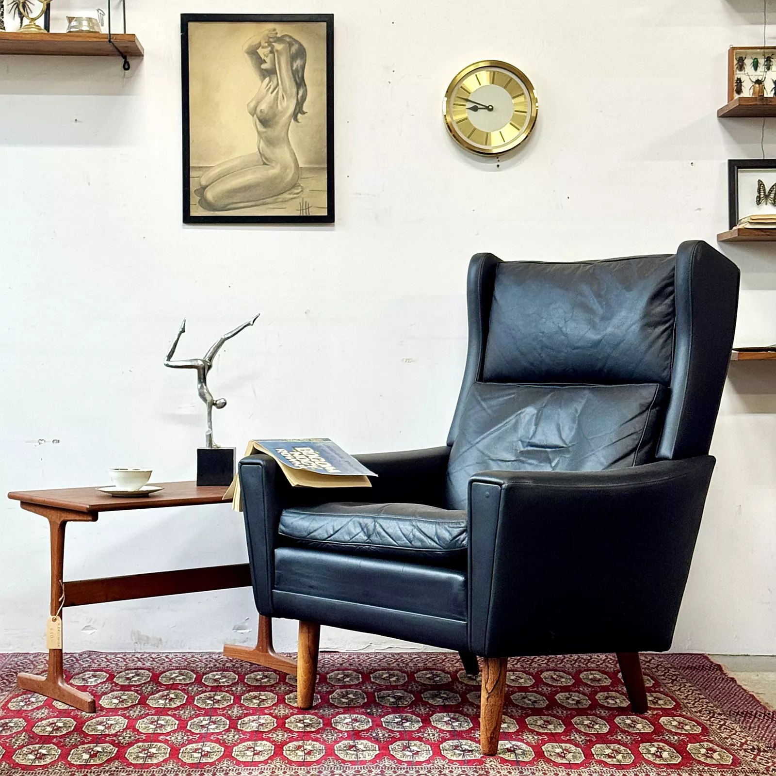 Leather wingback armchair, Denmark, 1970s