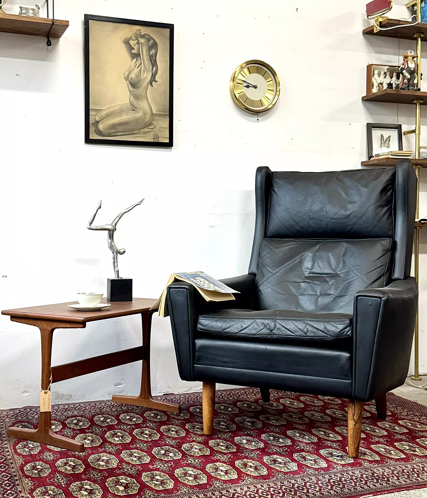 Leather wingback armchair, Denmark, 1970s
