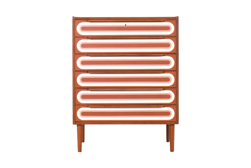 Komoda tekowa z malaturą op-art., Dania, lata 60