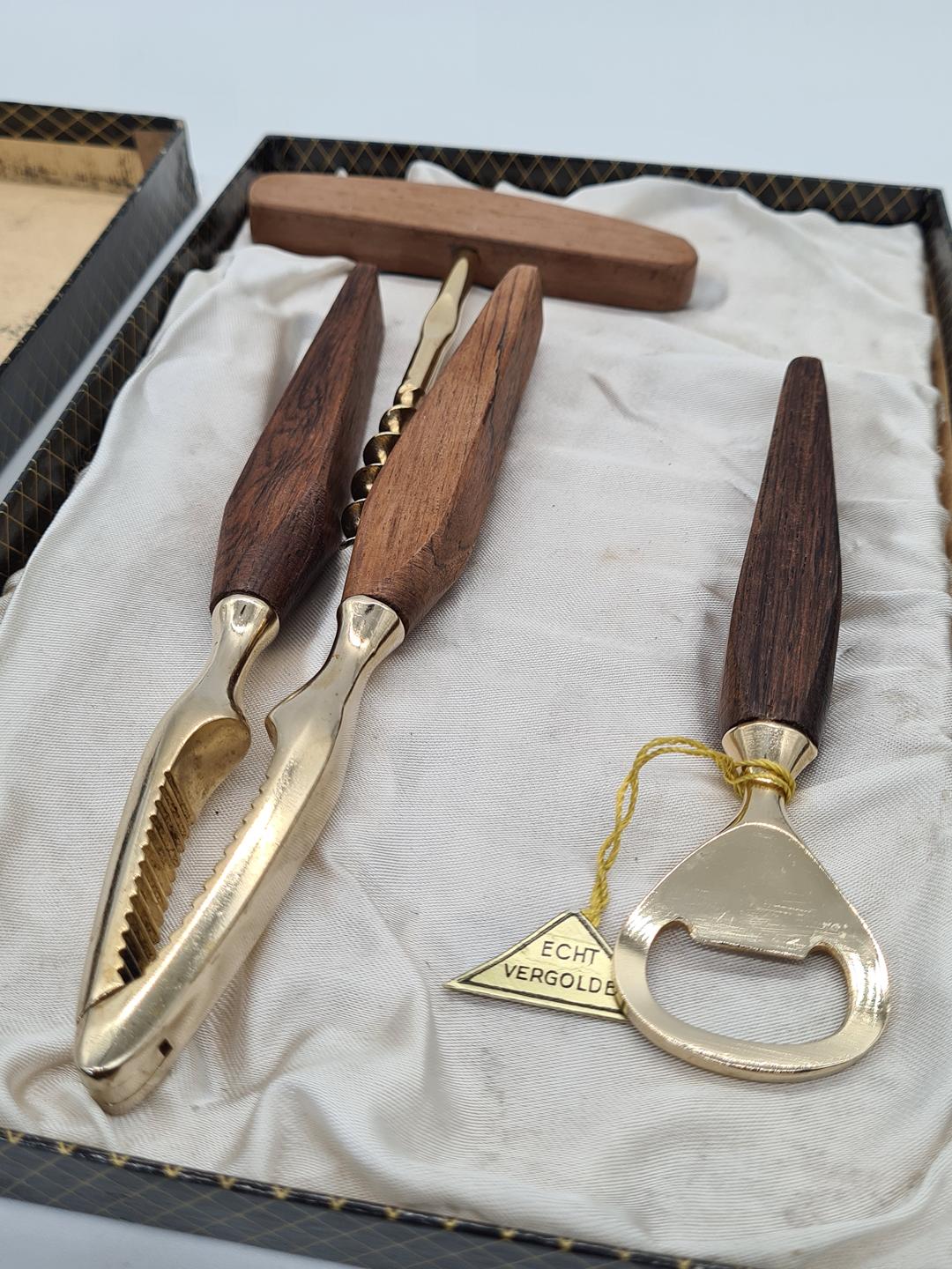 Bar Set with Wooden Handles, Echt Vergoldet, Germany, 1960s