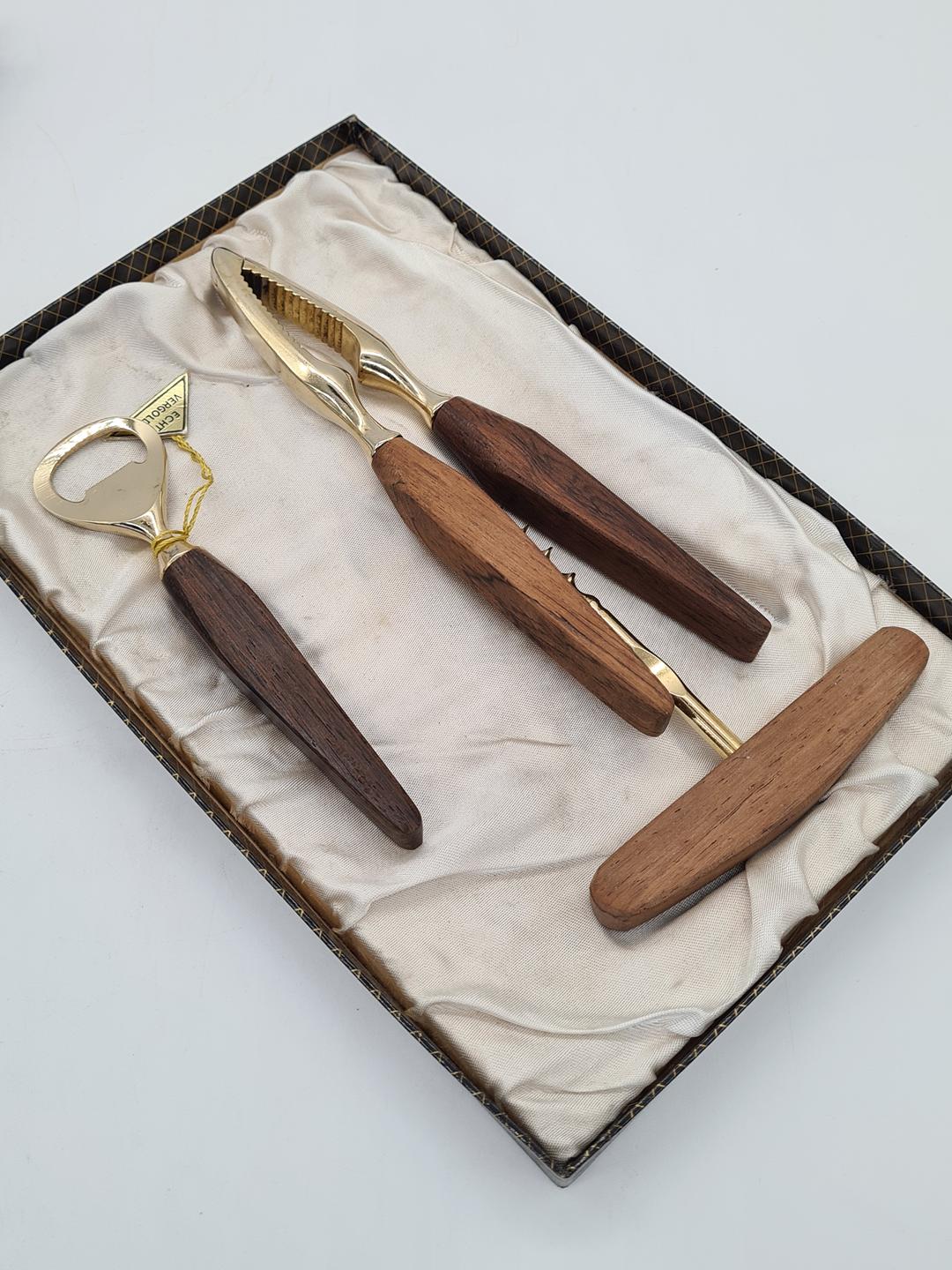 Bar Set with Wooden Handles, Echt Vergoldet, Germany, 1960s