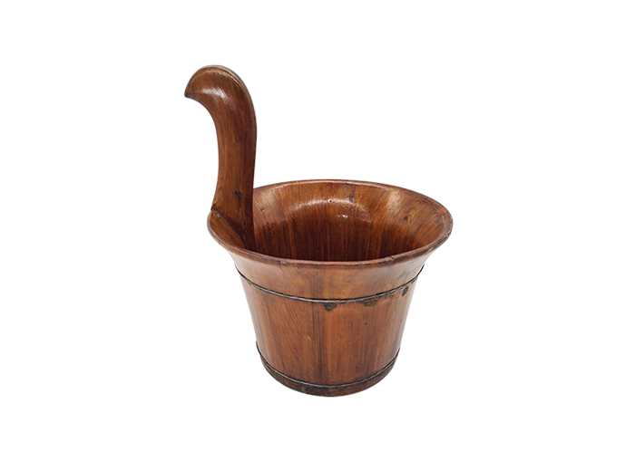 Rustic wooden vessel with a handle, 1960s