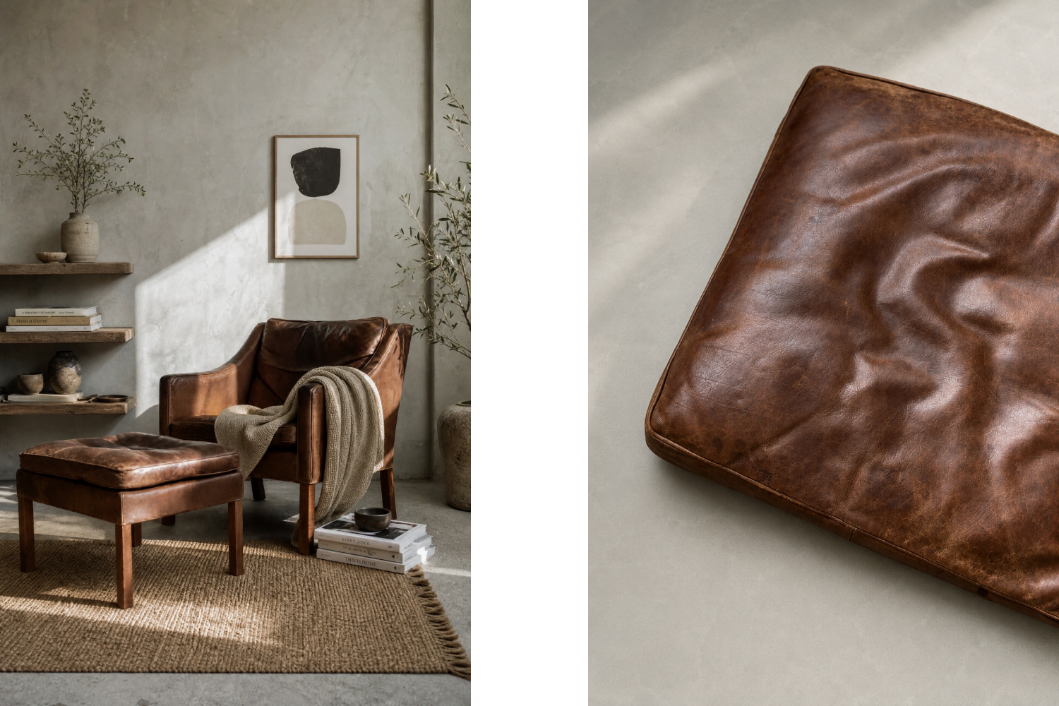 Leather lounge chair with footstool, model 2207, designed by Børge Mogensen, Fredericia, Denmark, 1960s