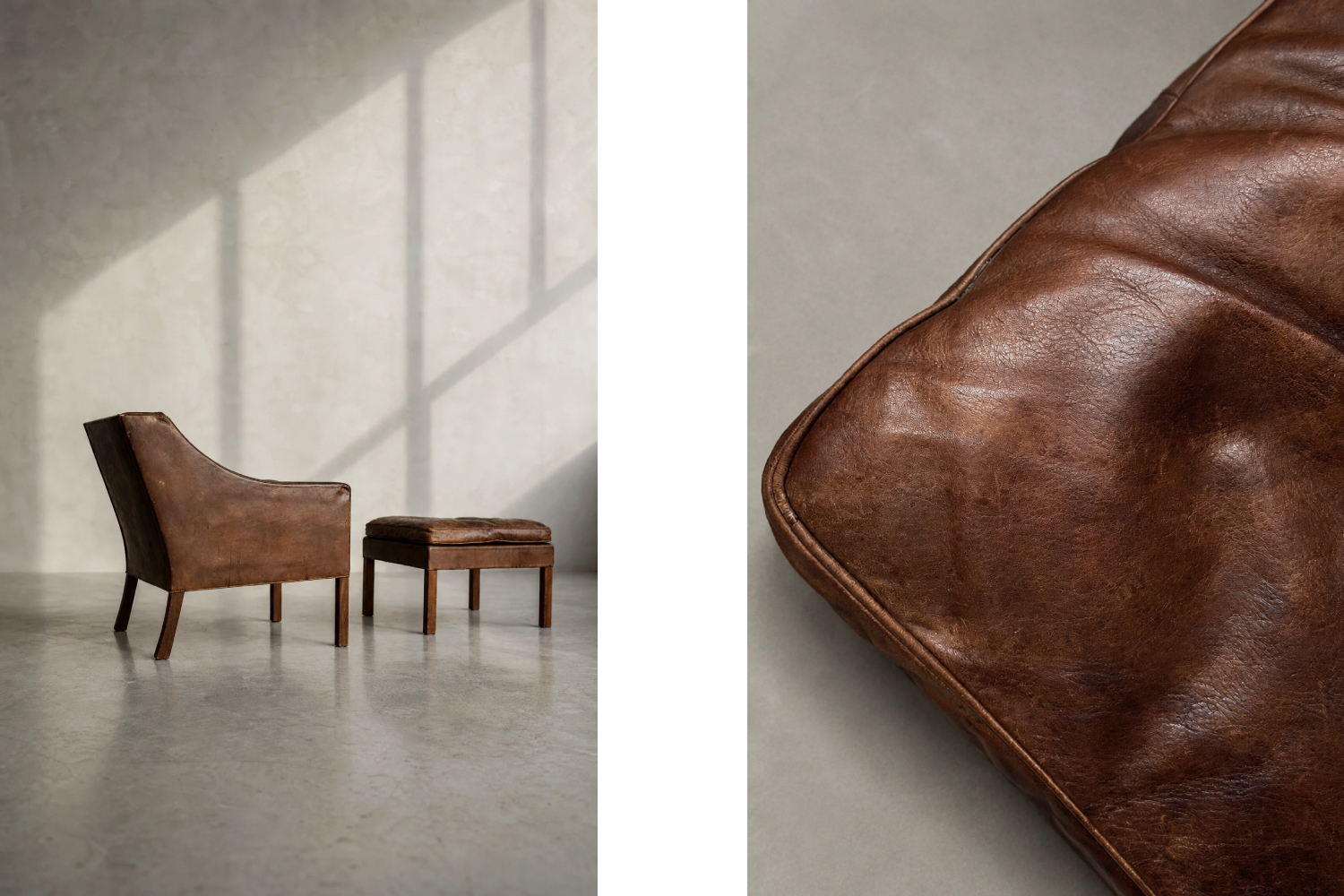 Leather lounge chair with footstool, model 2207, designed by Børge Mogensen, Fredericia, Denmark, 1960s