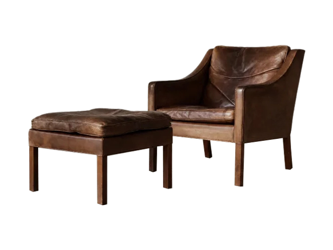 Leather lounge chair with footstool, model 2207, designed by Børge Mogensen, Fredericia, Denmark, 1960s