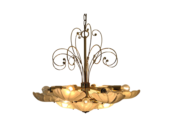 Vintage glass and brass chandelier, Deknudt, Belgium, 1970s