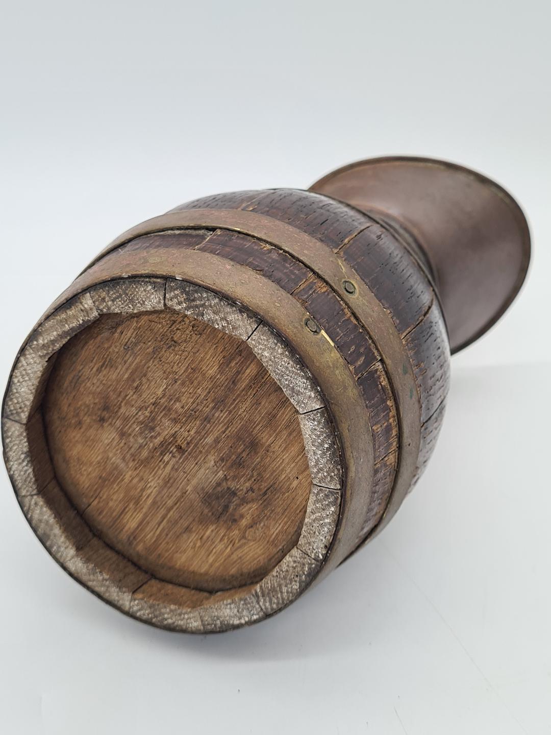 Wooden barrel-shaped jug with brass hoops, 19th/20th century