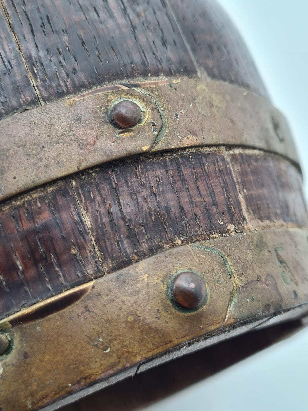 Wooden barrel-shaped jug with brass hoops, 19th/20th century