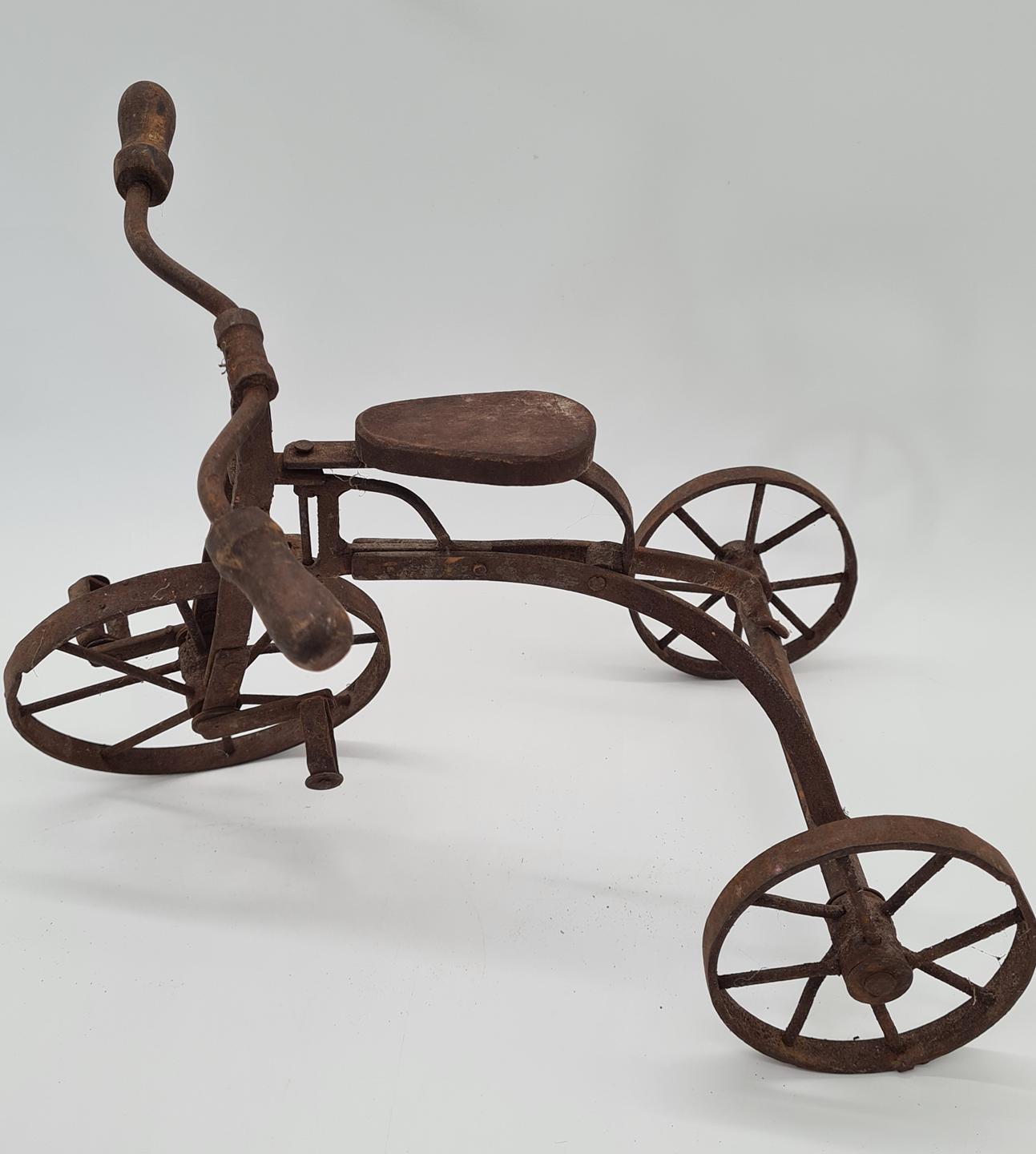 Set of 2 vintage miniature metal tricycles, 1970s