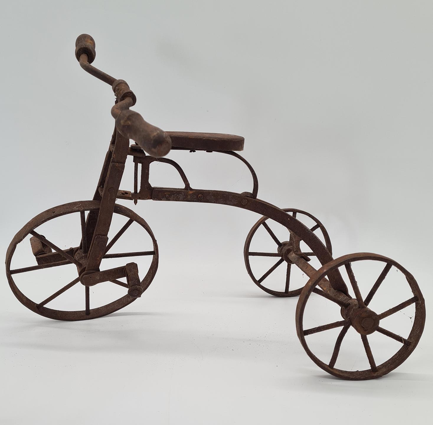 Set of 2 vintage miniature metal tricycles, 1970s