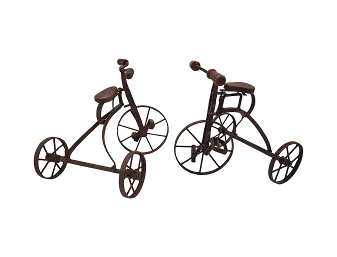 Set of 2 vintage miniature metal tricycles, 1970s