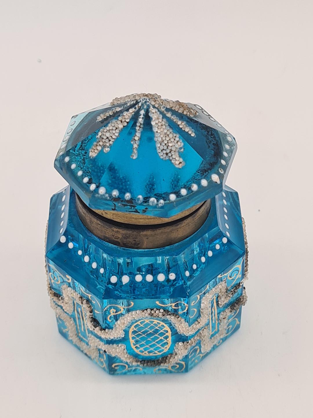 Kałamarz art déco z niebieskiego szkła fasetowanego, Francja, lata 20
