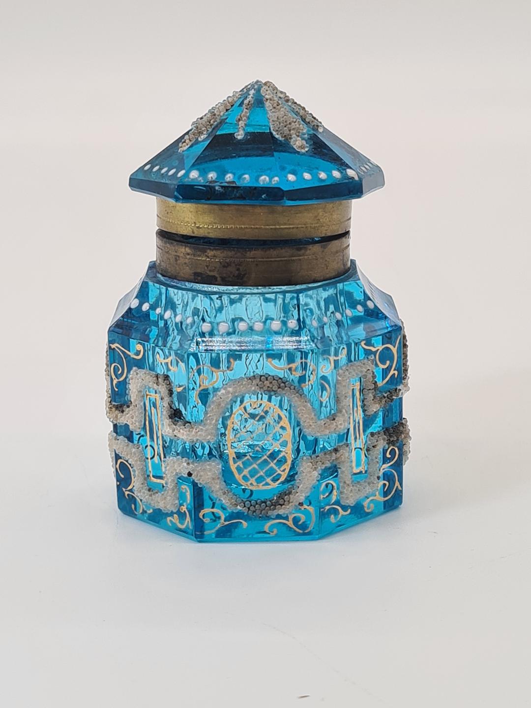 Kałamarz art déco z niebieskiego szkła fasetowanego, Francja, lata 20